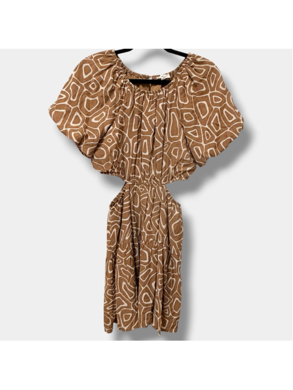 Boho Cutout Mini Dress Brown Abstract Print Puff Sleeve Festival L - Picture 16 of 16